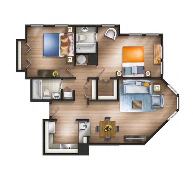 Floor plan for 2 beds, 2 baths, 990 sqft
