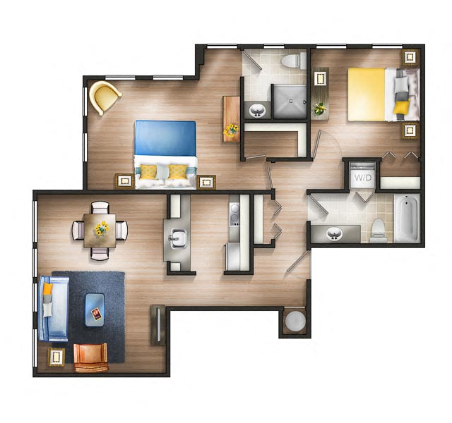Floor plan for 2 beds, 2 baths, 996 sqft