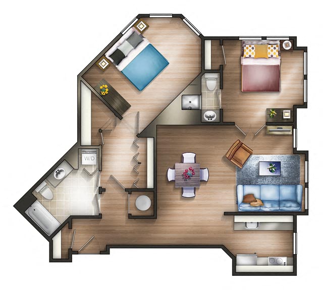 Floor plan for 2 beds, 2 baths, 944 sqft