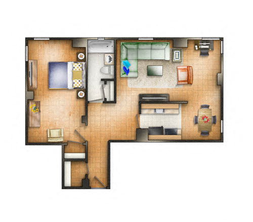 Floor plan for 1 bed, 1 bath, 800 sqft