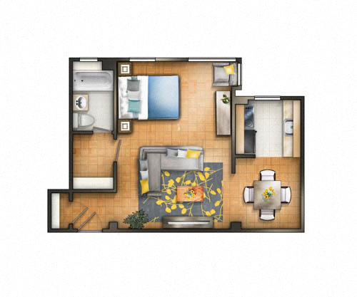Floor plan for studio, 1 bath, 525 sqft
