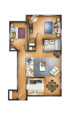 Floor plan for 2 beds, 1 bath, 748 sqft