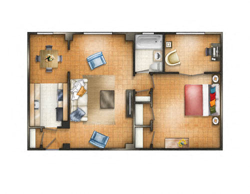 Floor plan for 1 bed, 1 bath, 876 sqft
