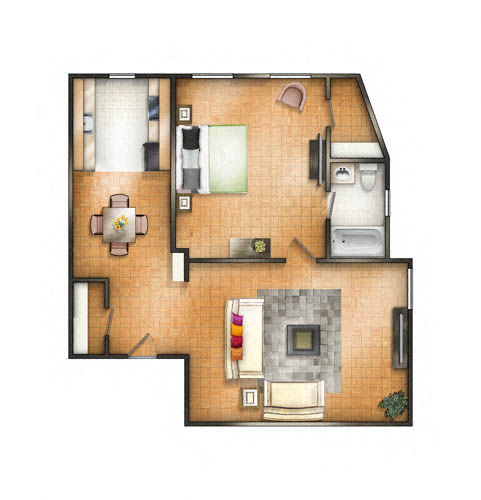 Floor plan for 1 bed, 1 bath, 730 sqft