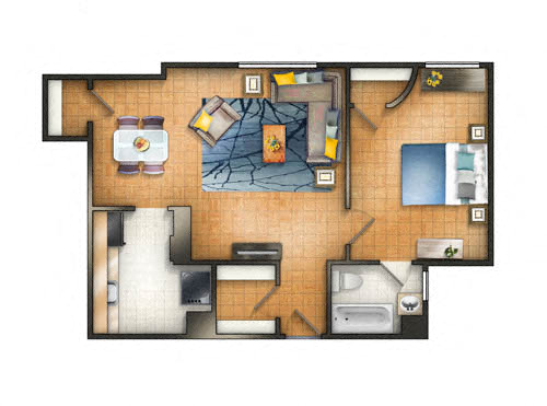 Floor plan for 1 bed, 1 bath, 740 sqft