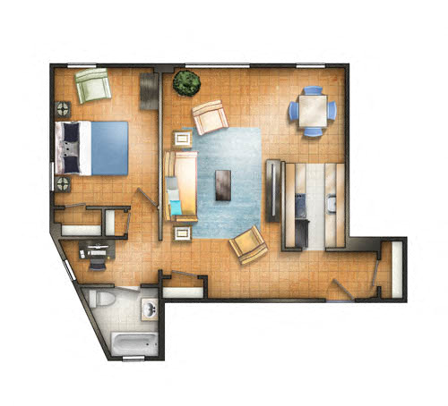 Floor plan for 1 bed, 1 bath, 820 sqft