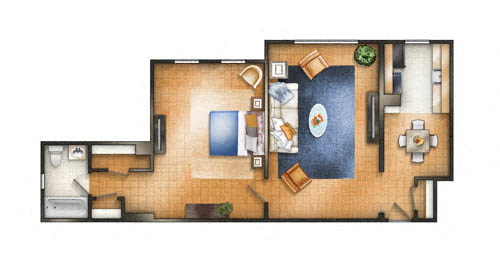 Floor plan for 1 bed, 1 bath, 790 sqft