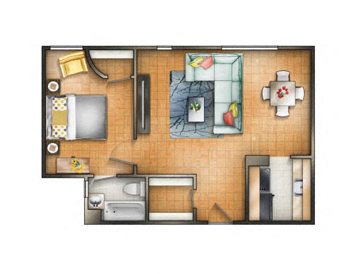 Floor plan for 1 bed, 1 bath, 755 sqft
