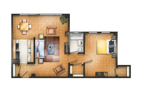 Floor plan for 1 bed, 1 bath, 610 sqft