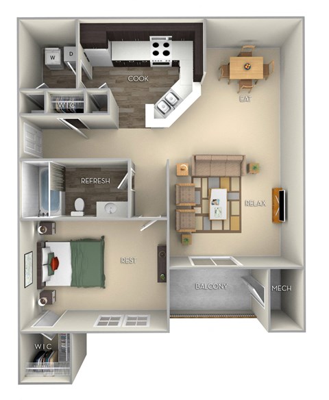 Floor plan for 1 bed, 1 bath, 819 sqft
