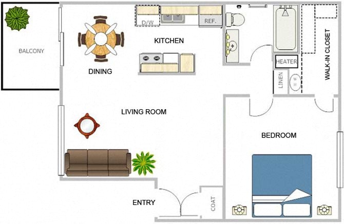 Floor plan for 1 bed, 1 bath, 750 sqft