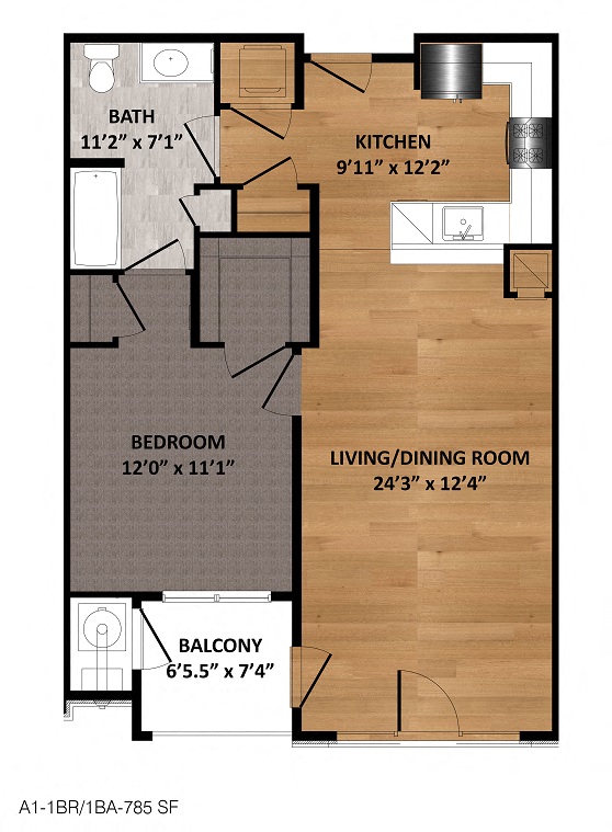 Floor plan for 1 bed, 1 bath, 785 sqft