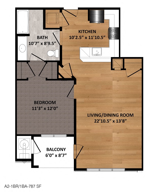 Floor plan for 1 bed, 1 bath, 787 sqft