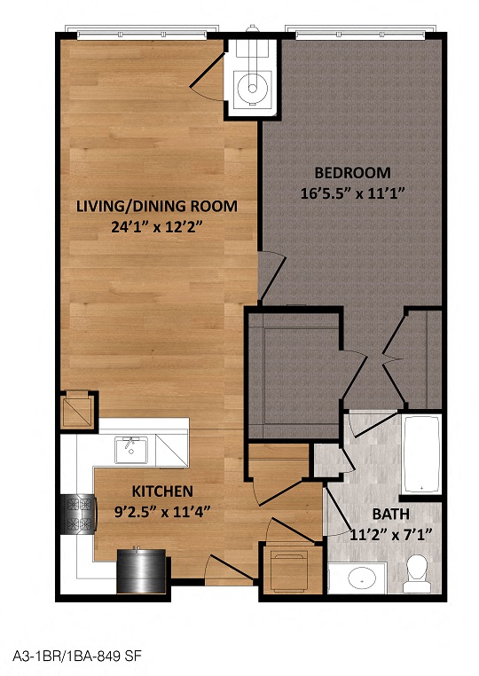 Floor plan for 1 bed, 1 bath, 849 sqft