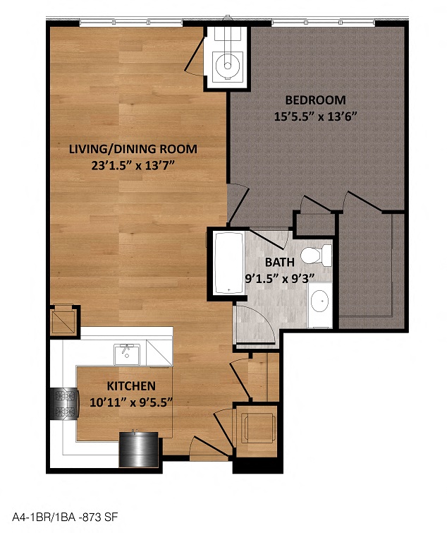 Floor plan for 1 bed, 1 bath, 873 sqft