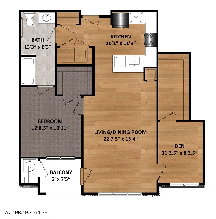 Floor plan for 1 bed, 1 bath, 971 sqft