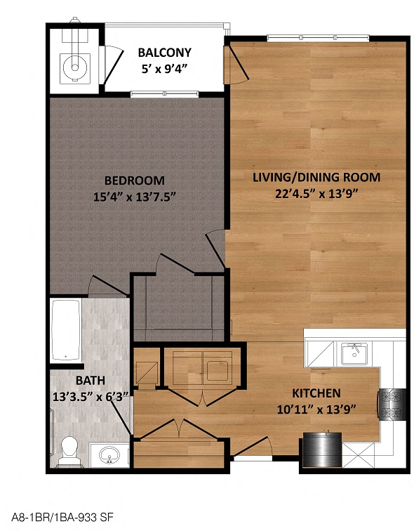 Floor plan for 1 bed, 1 bath, 933 sqft