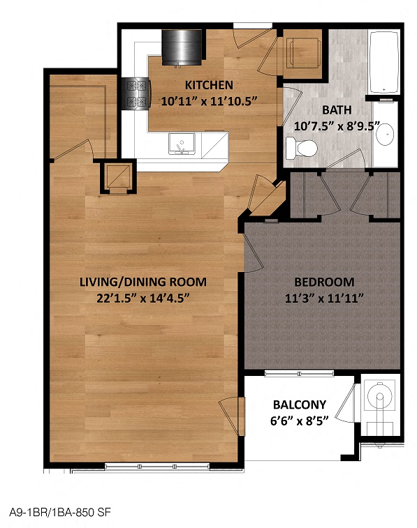 Floor plan for 1 bed, 1 bath, 850 sqft