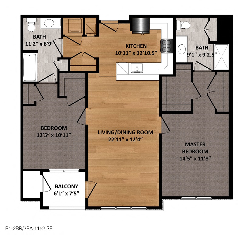 Floor plan for 2 beds, 2 baths, 1152 sqft