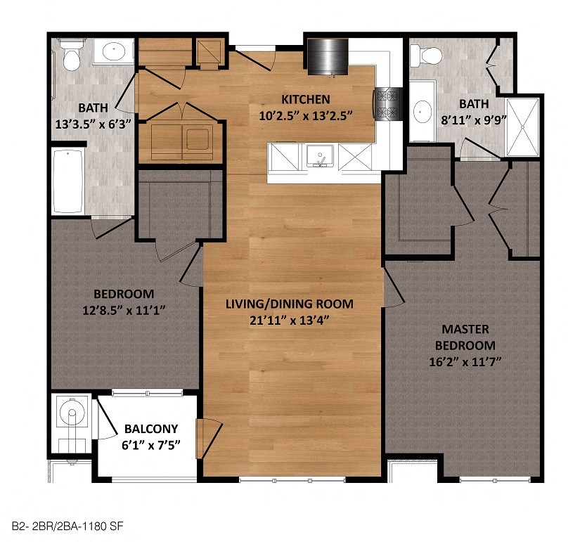 Floor plan for 2 beds, 2 baths, 1180 sqft