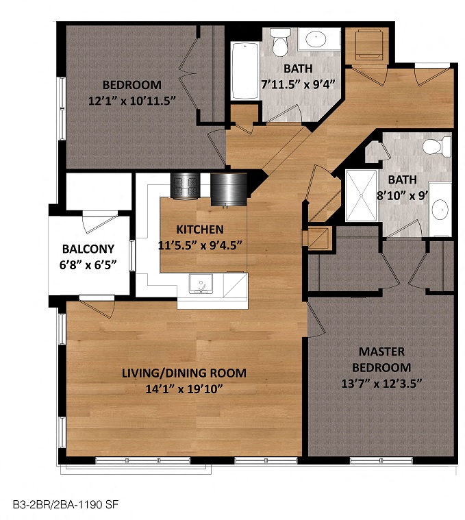 Floor plan for 2 beds, 2 baths, 1190 sqft