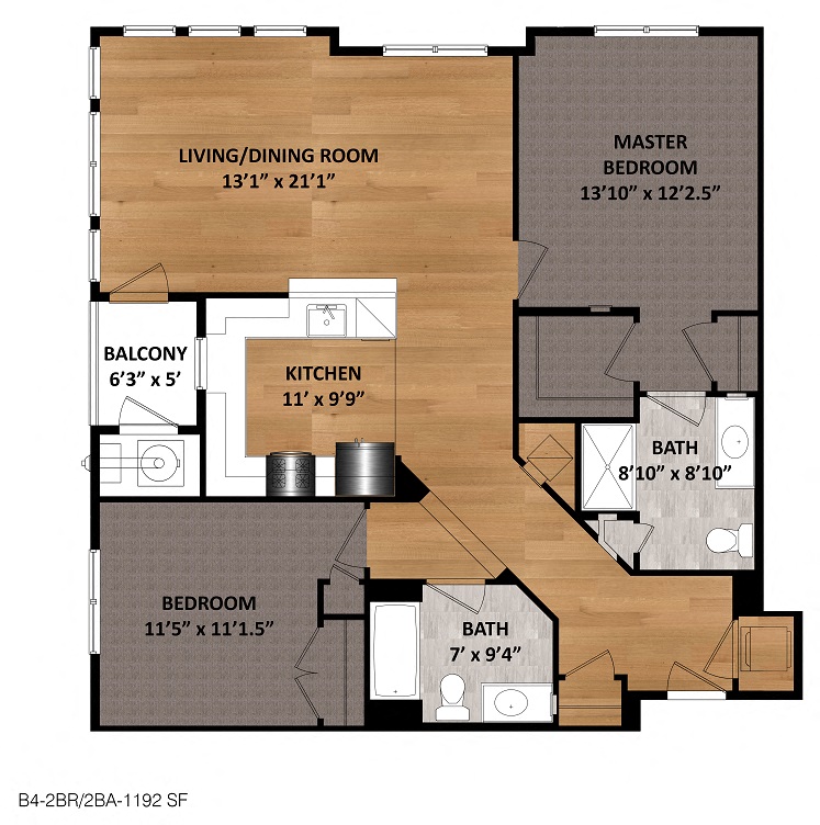 Floor plan for 2 beds, 2 baths, 1192 sqft
