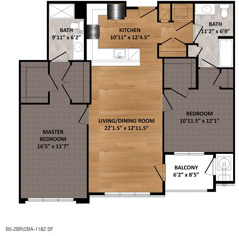 Floor plan for 2 beds, 2 baths, 1182 sqft