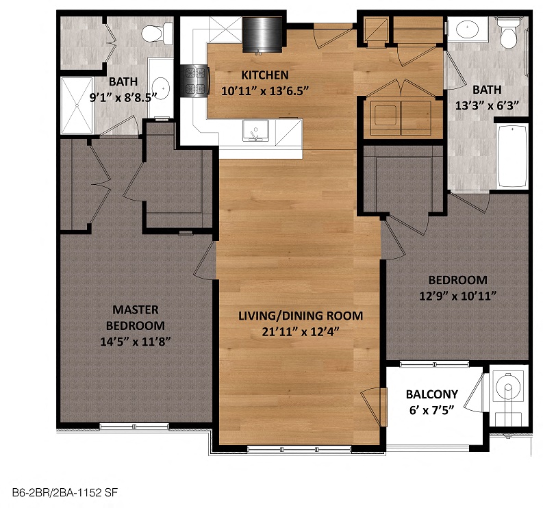 Floor plan for 2 beds, 2 baths, 1152 sqft