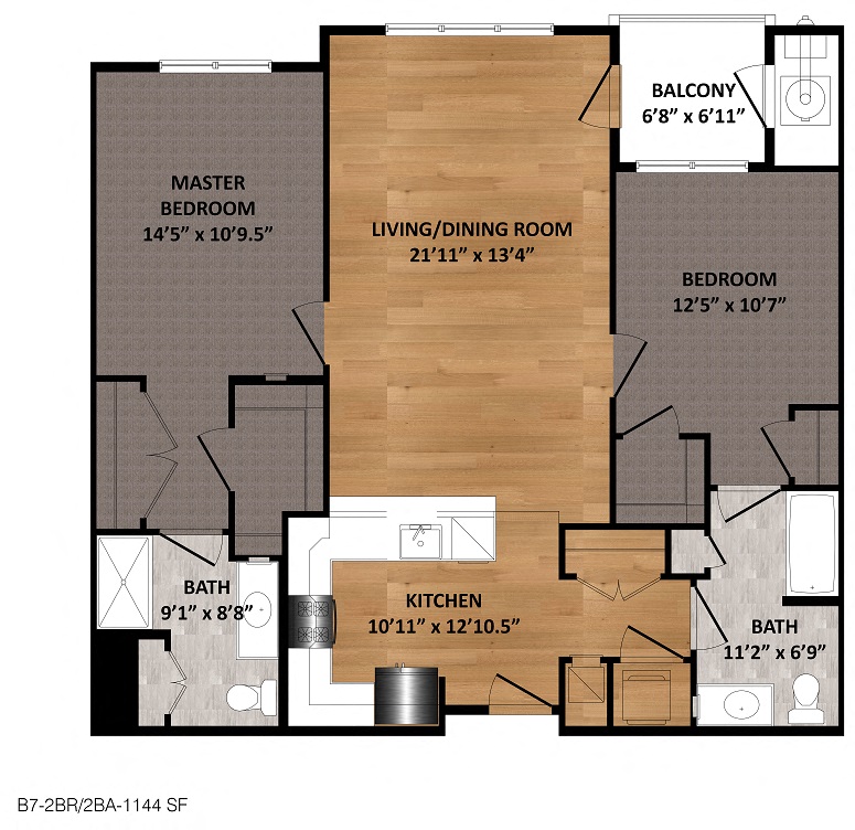Floor plan for 2 beds, 2 baths, 1144 sqft