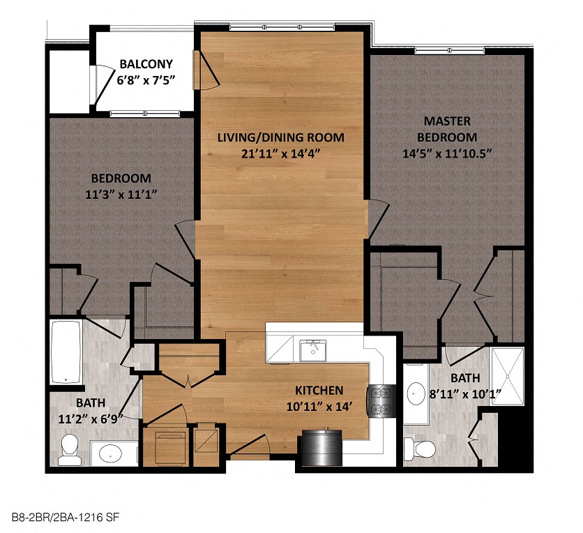 Floor plan for 2 beds, 2 baths, 1216 sqft
