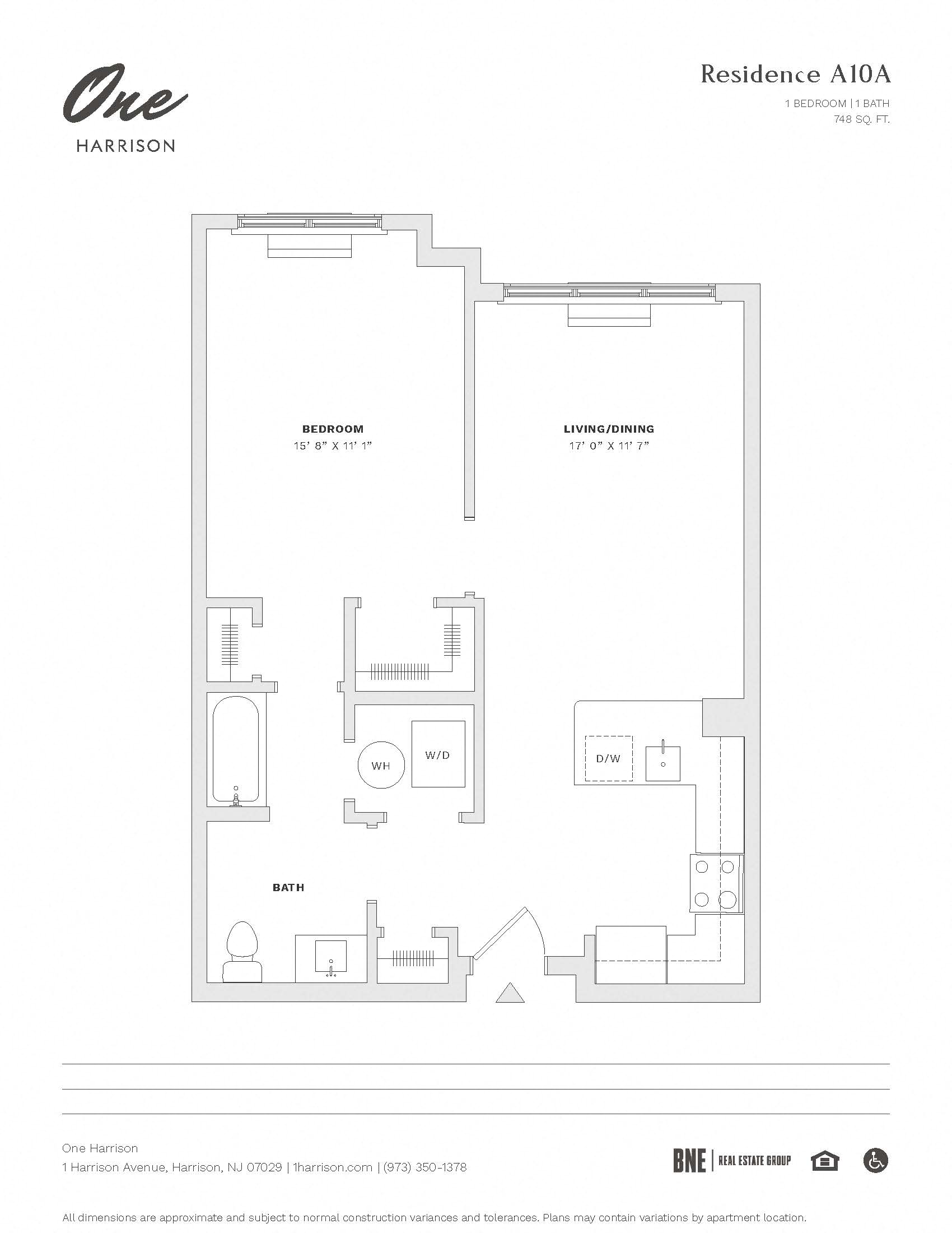 Floor plan for 1 bed, 1 bath, 748 sqft