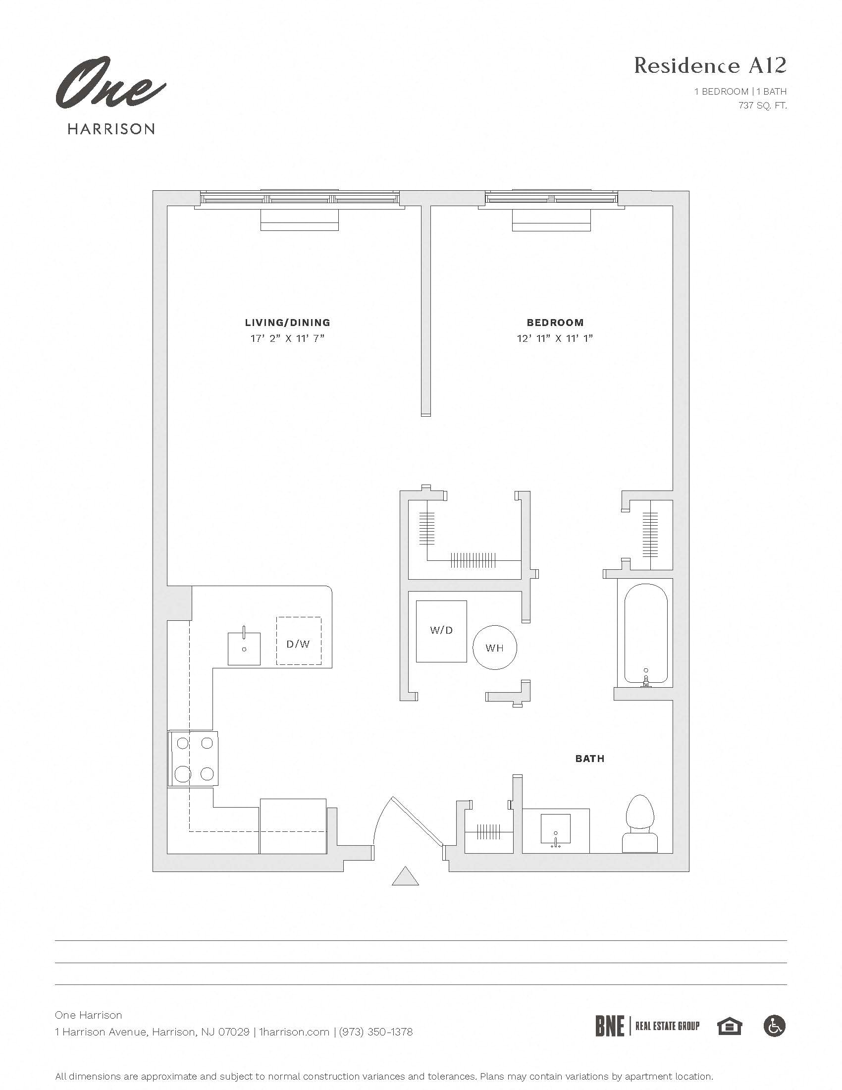 Floor plan for 1 bed, 1 bath, 737 sqft