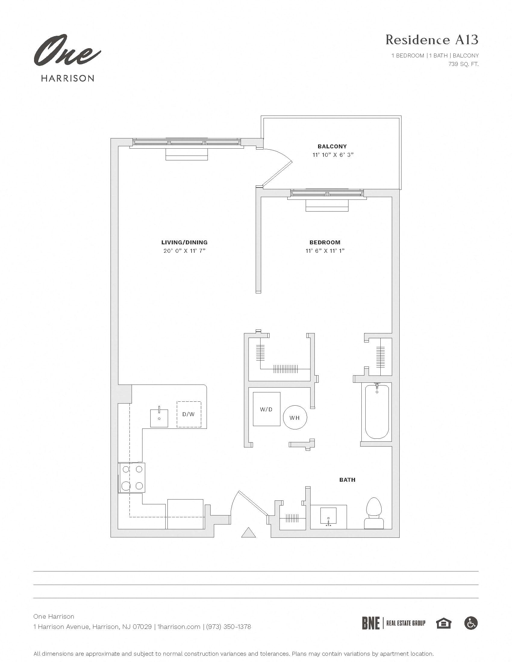Floor plan for 1 bed, 1 bath, 739 sqft