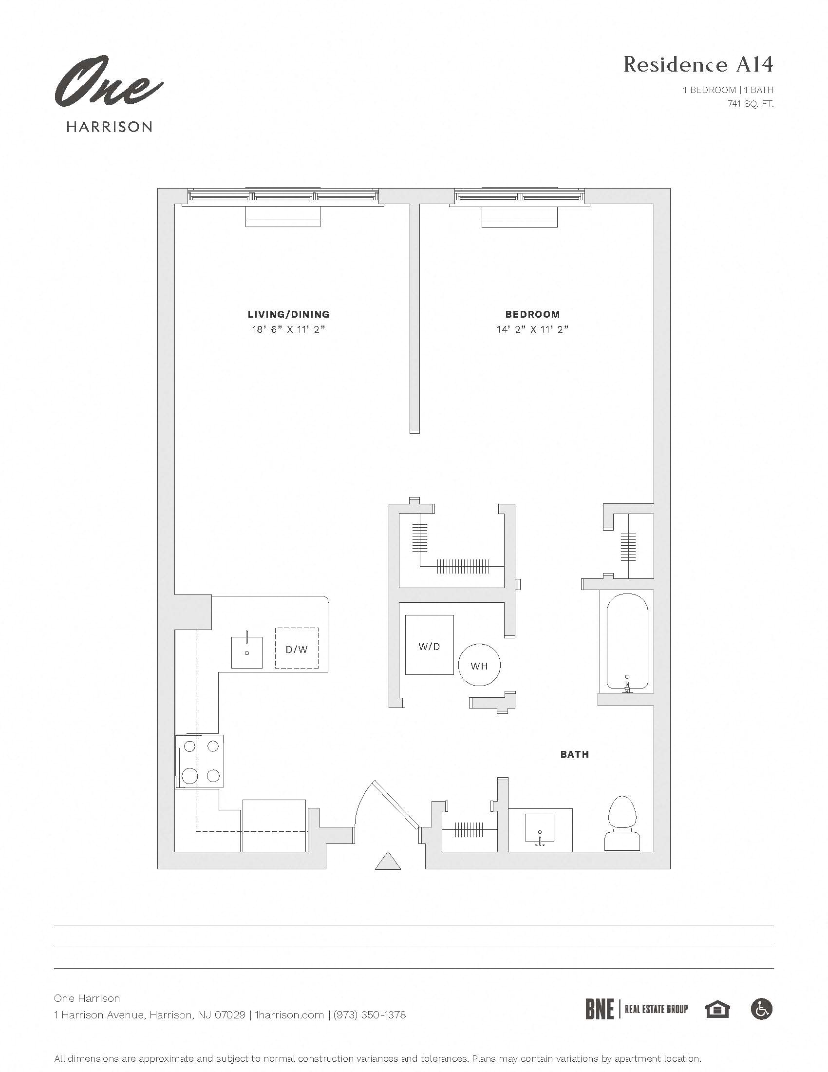 Floor plan for 1 bed, 1 bath, 741 sqft