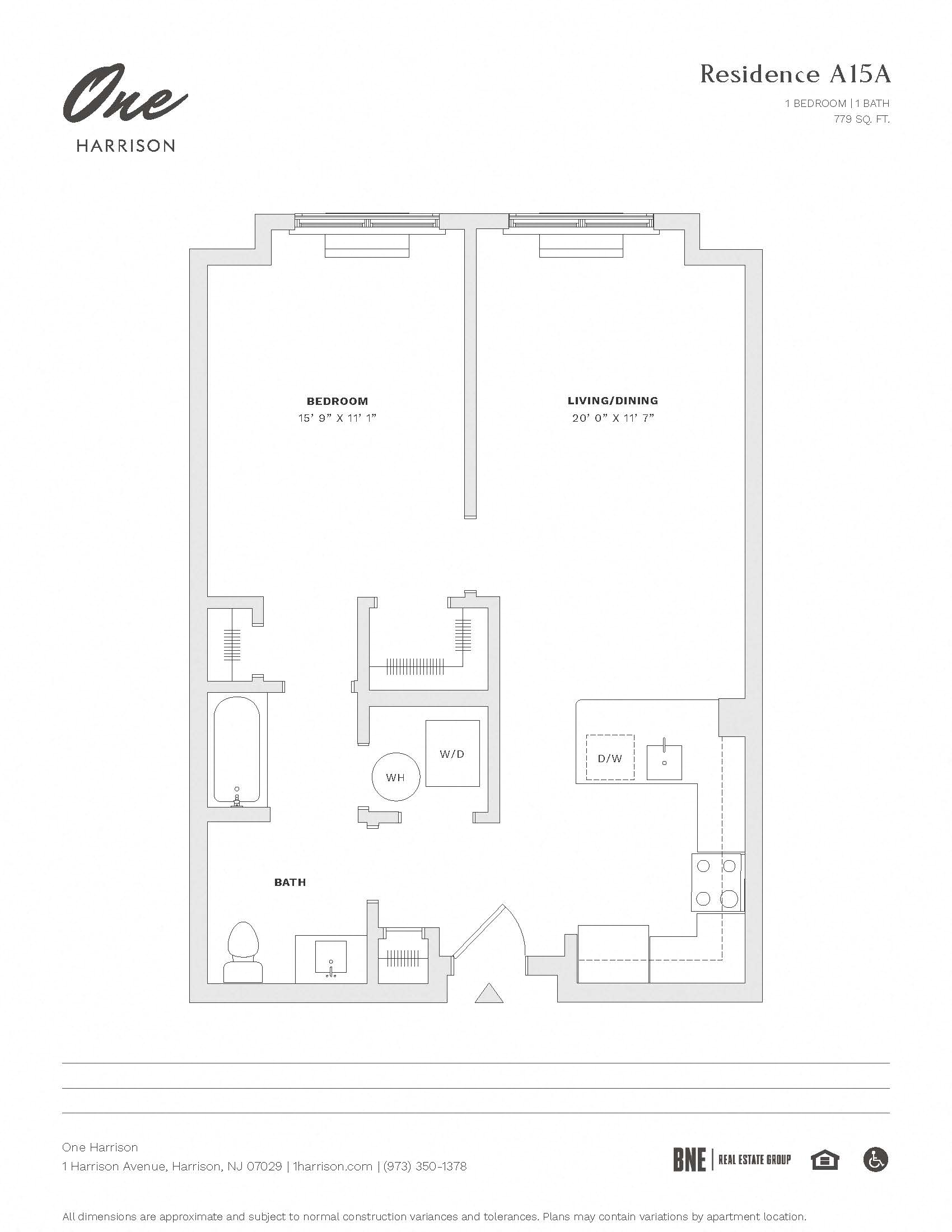 Floor plan for 1 bed, 1 bath, 779 sqft