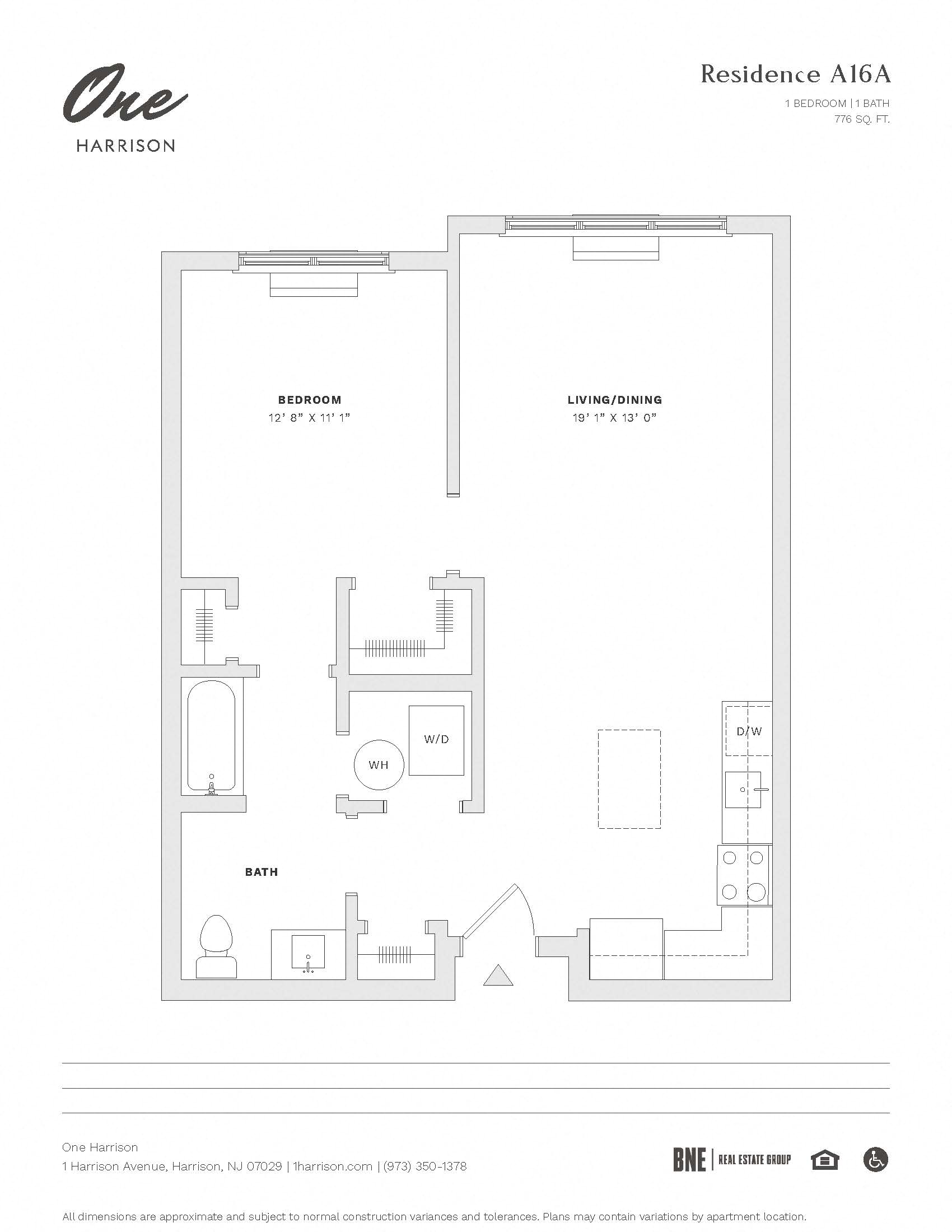 Floor plan for 1 bed, 1 bath, 776 sqft