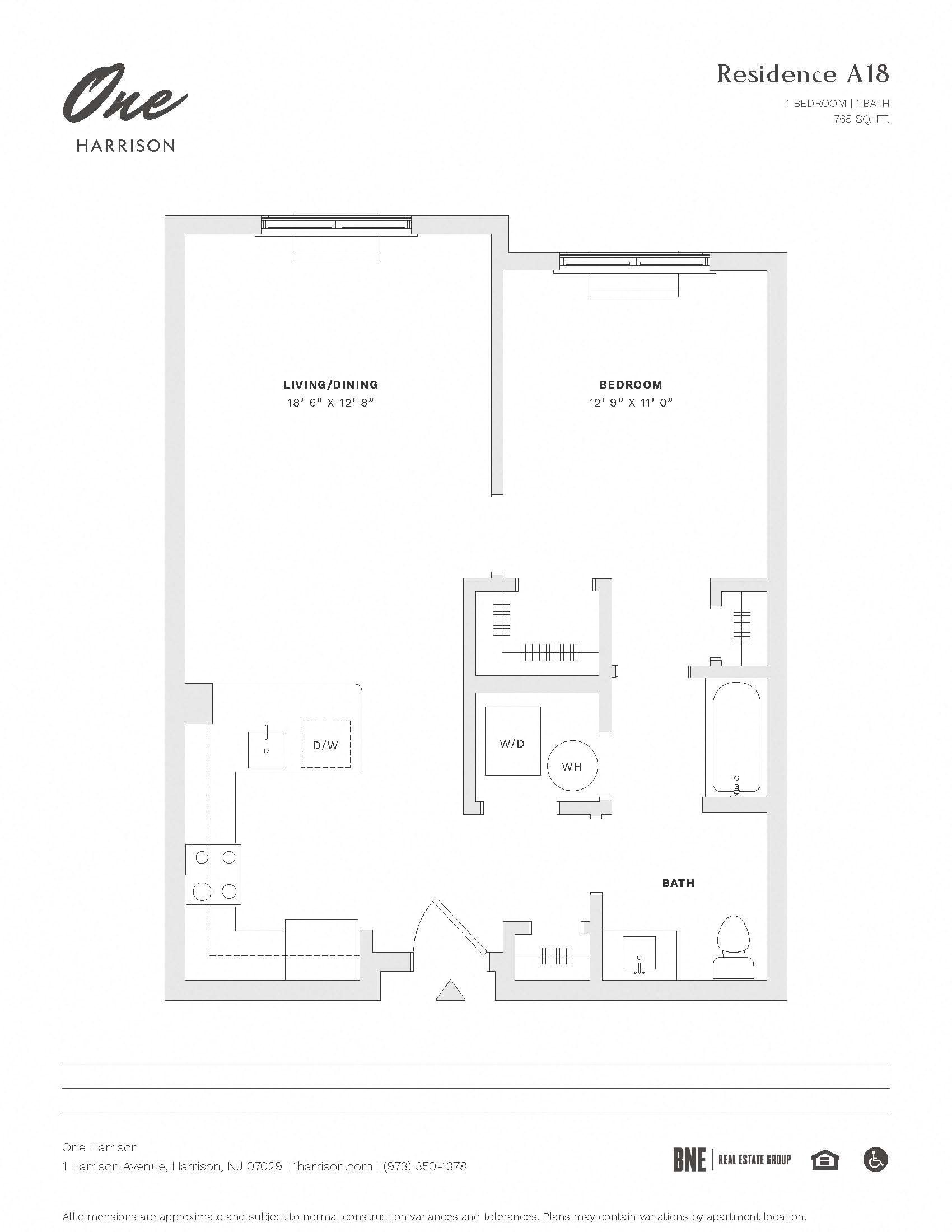 Floor plan for 1 bed, 1 bath, 765 sqft