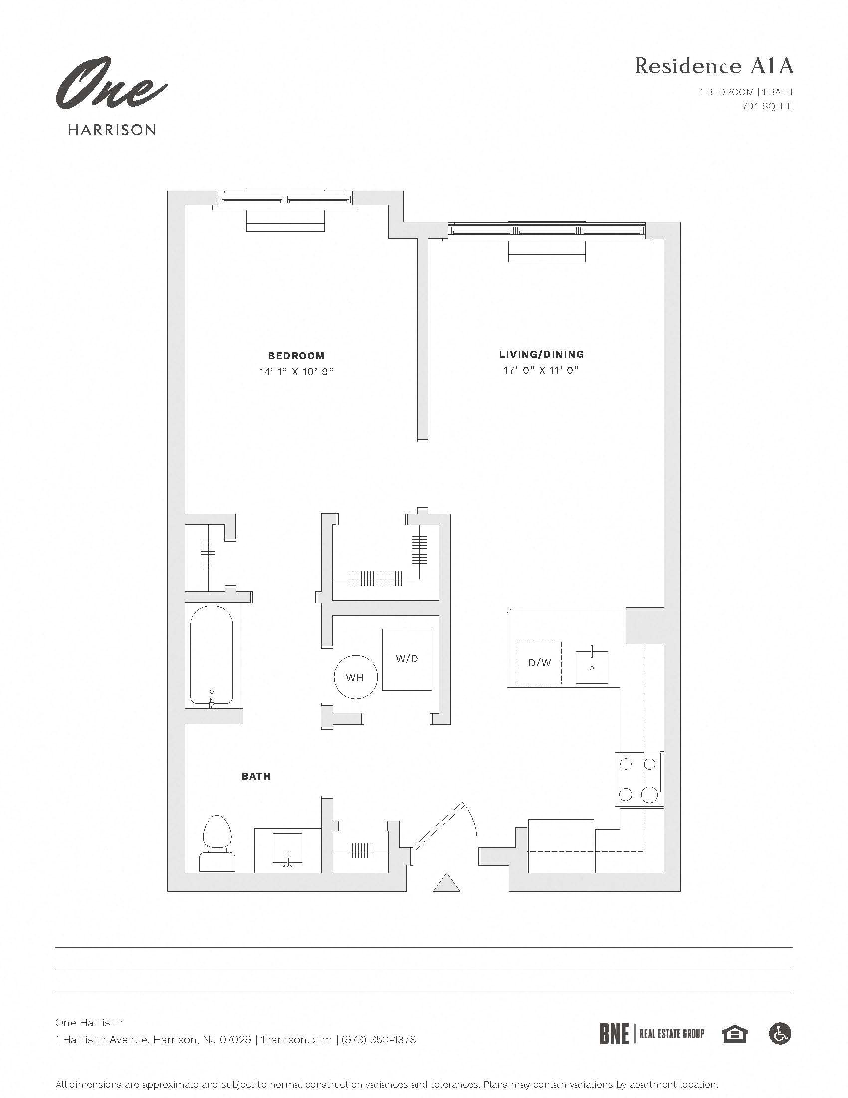 Floor plan for 1 bed, 1 bath, 704 sqft