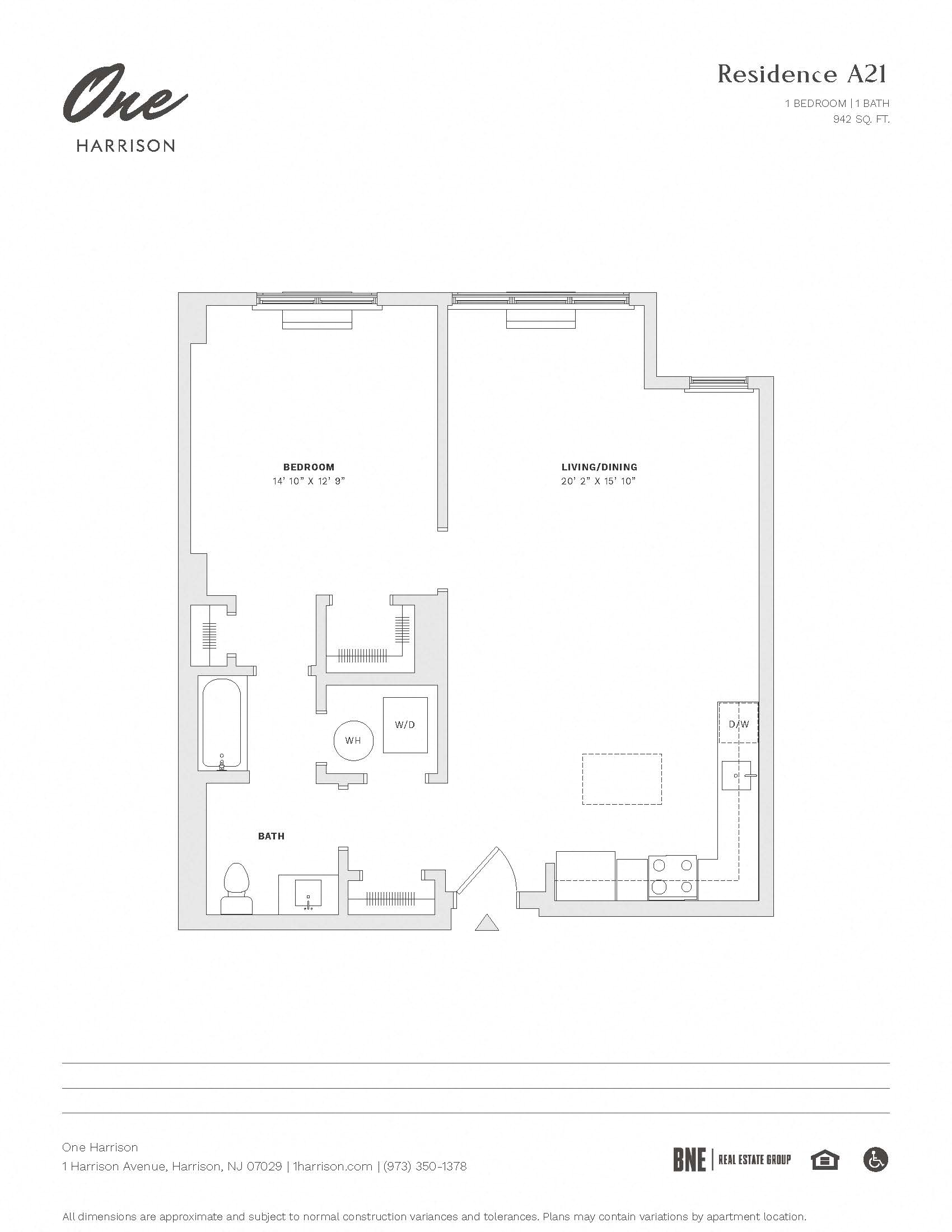 Floor plan for 1 bed, 1 bath, 942 sqft