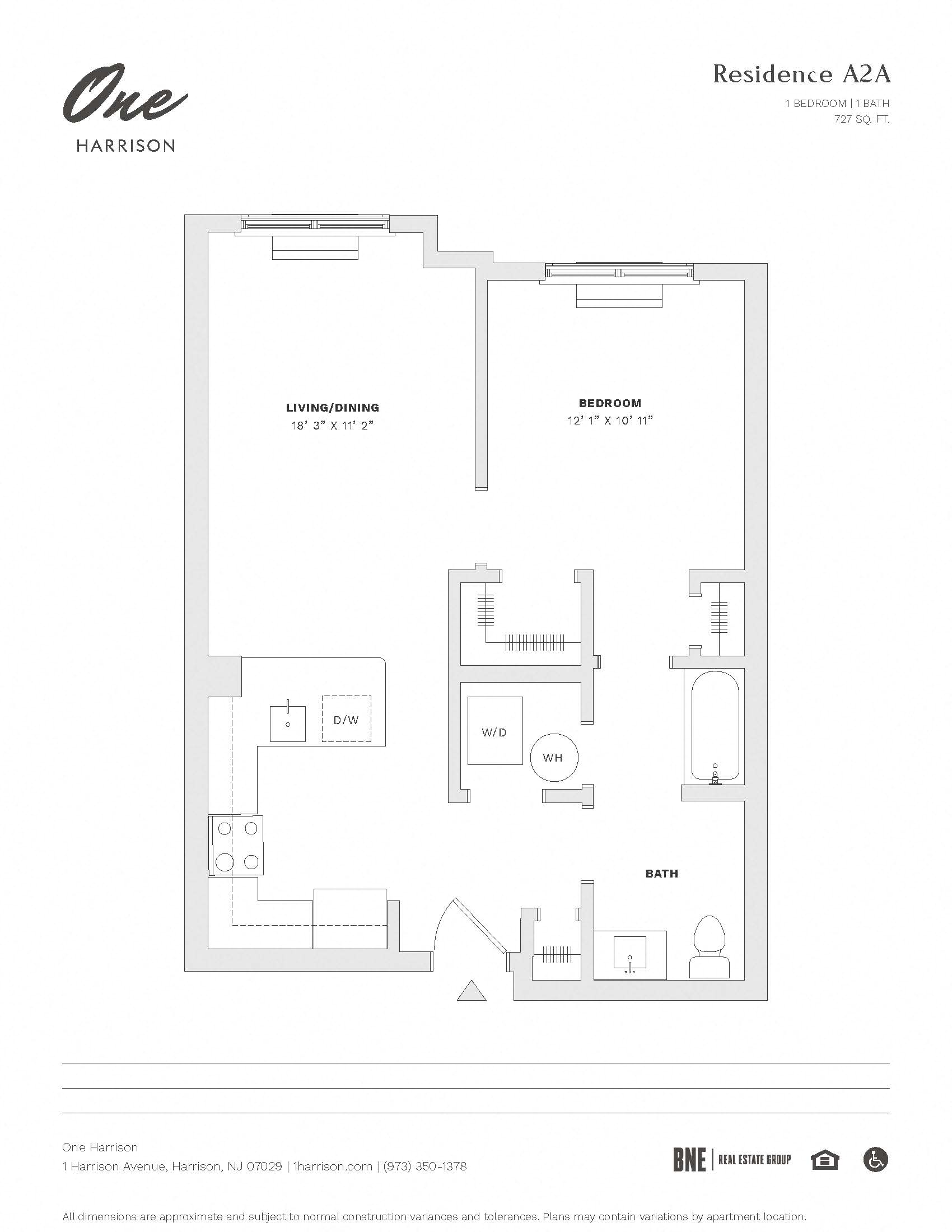 Floor plan for 1 bed, 1 bath, 727 sqft
