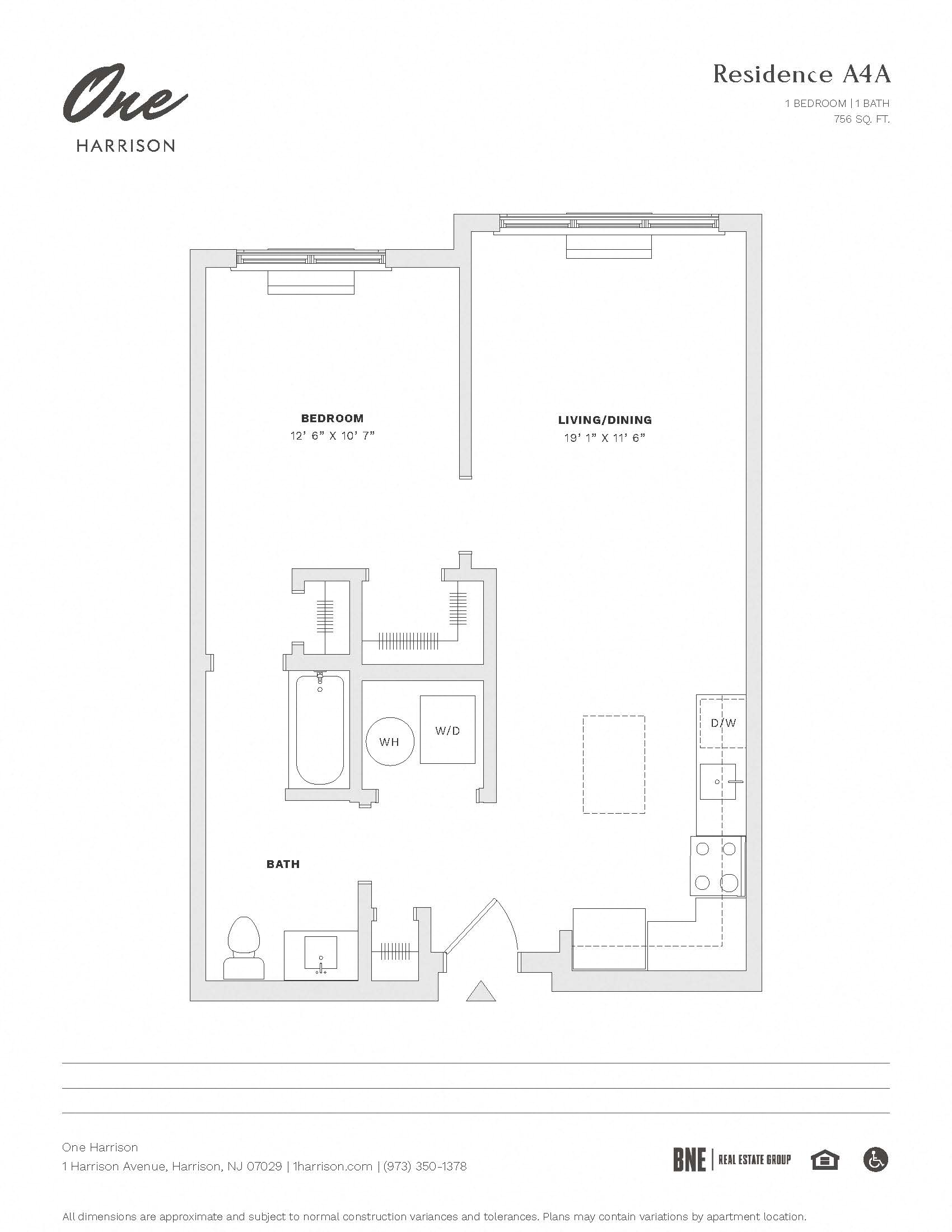 Floor plan for 1 bed, 1 bath, 756 sqft