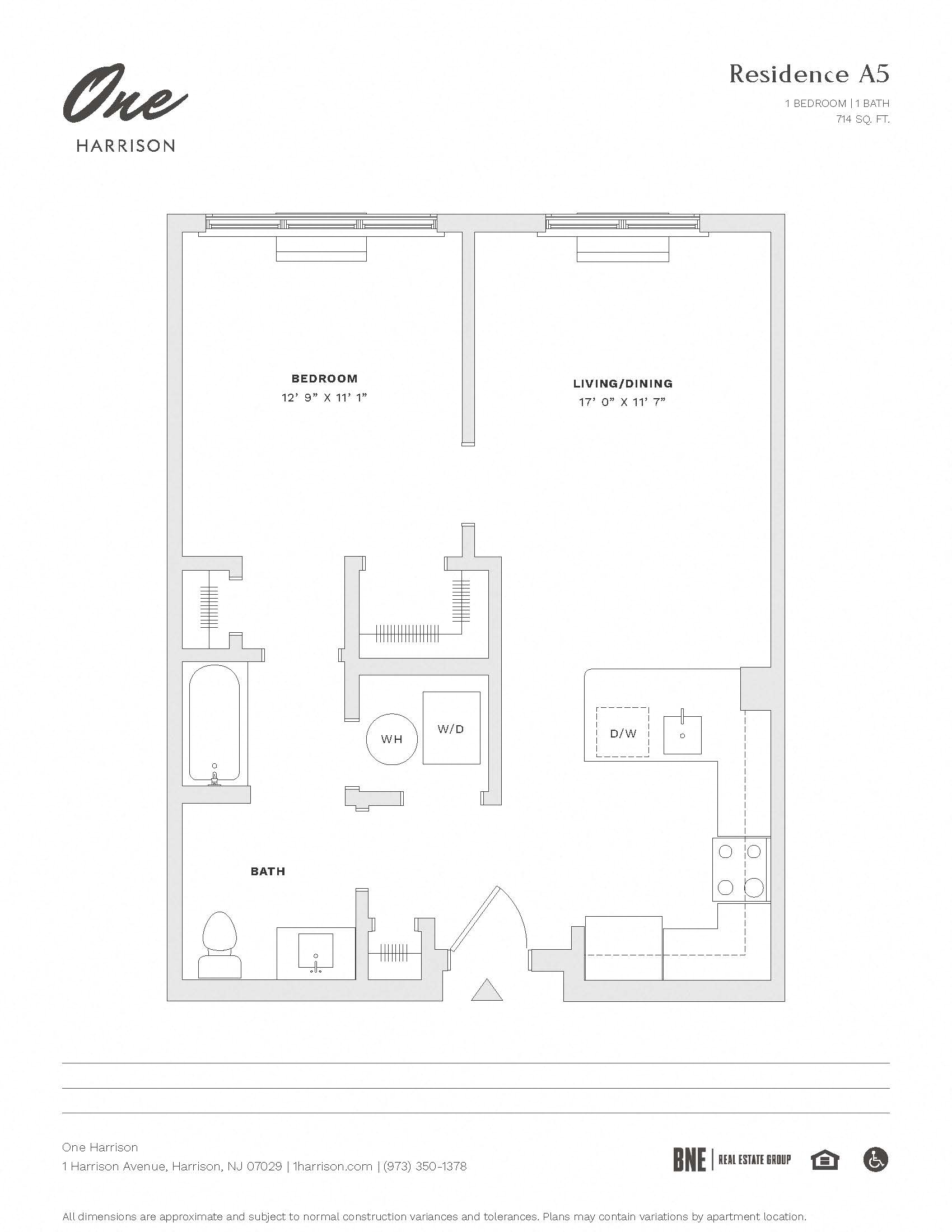 Floor plan for 1 bed, 1 bath, 714 sqft