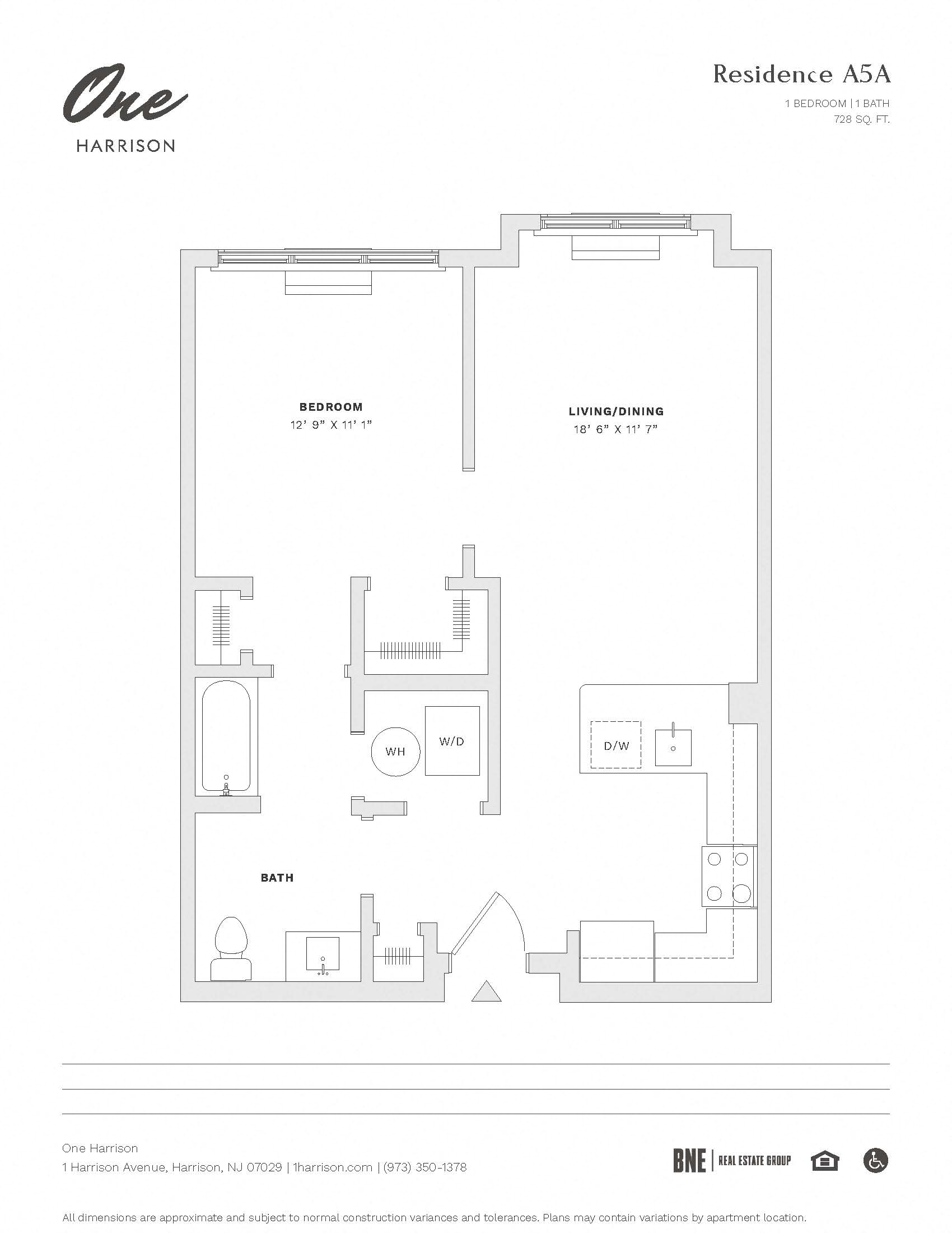 Floor plan for 1 bed, 1 bath, 728 sqft