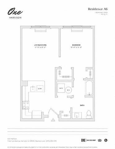 Floor plan for 1 bed, 1 bath, 715 sqft