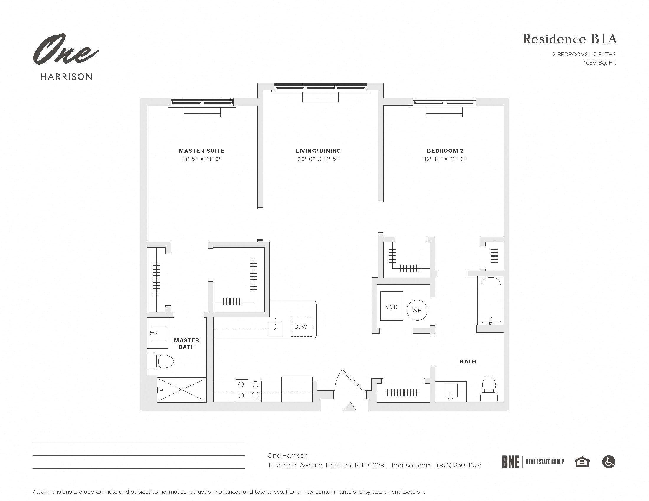 Floor plan for 2 beds, 2 baths, 1096 sqft