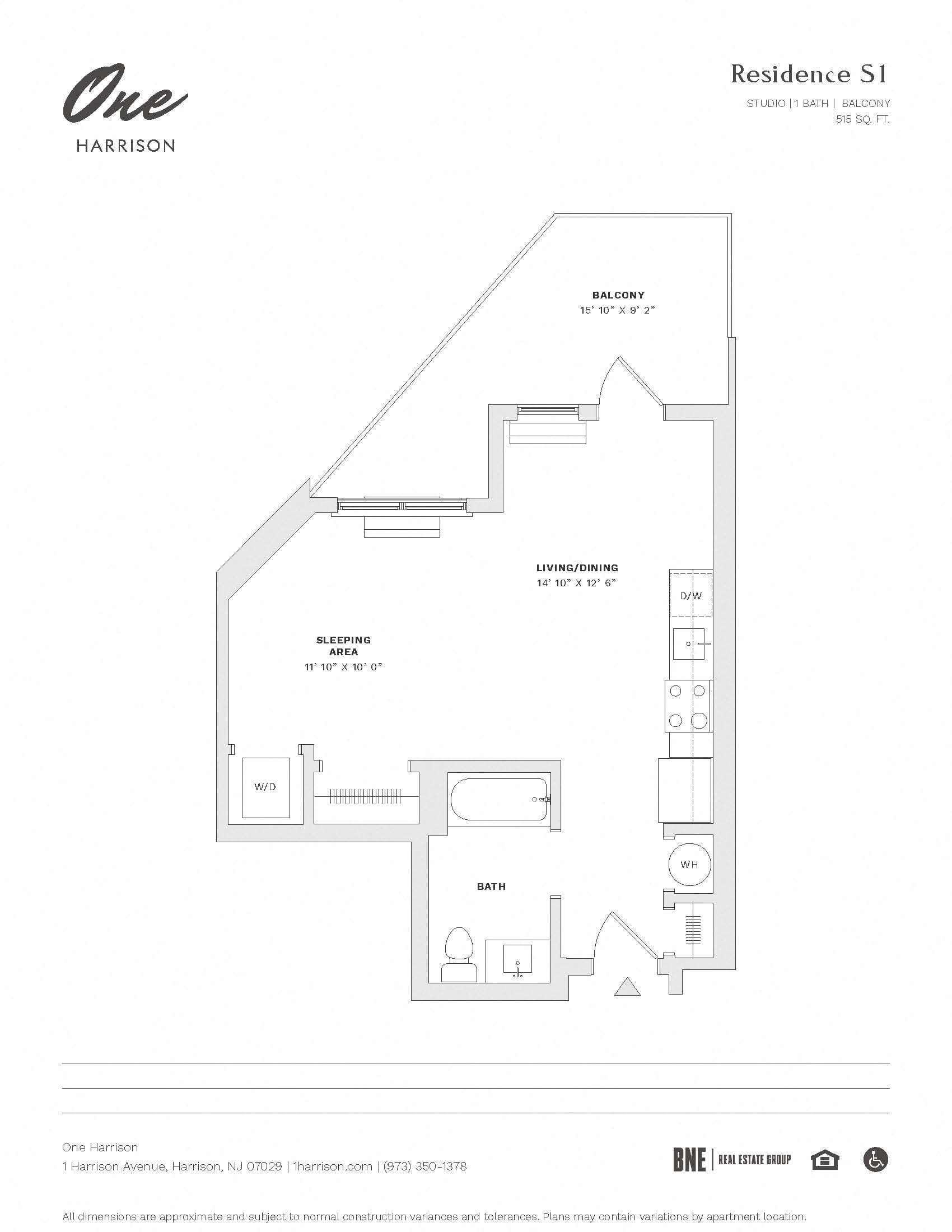 Floor plan for studio, 1 bath, 515 sqft