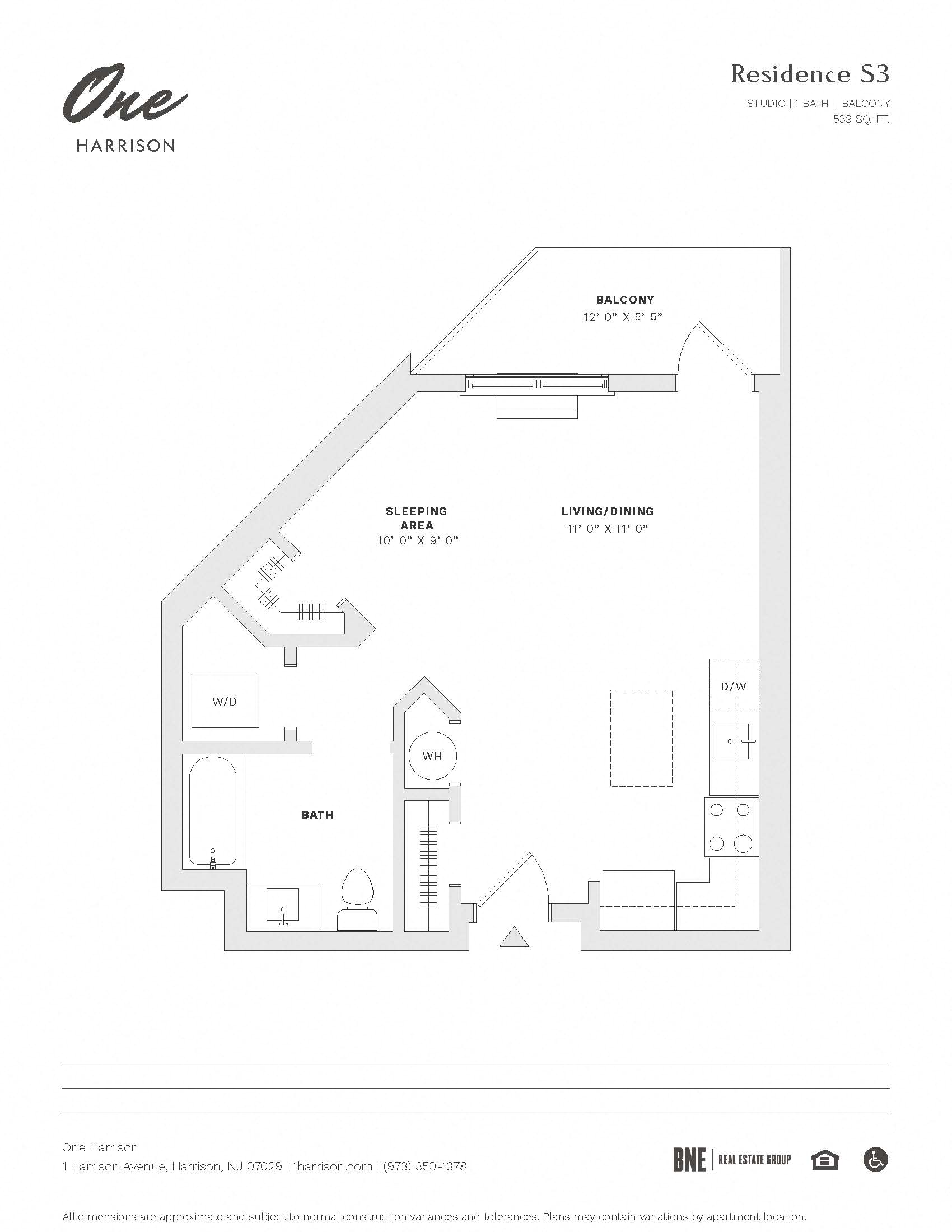 Floor plan for studio, 1 bath, 539 sqft