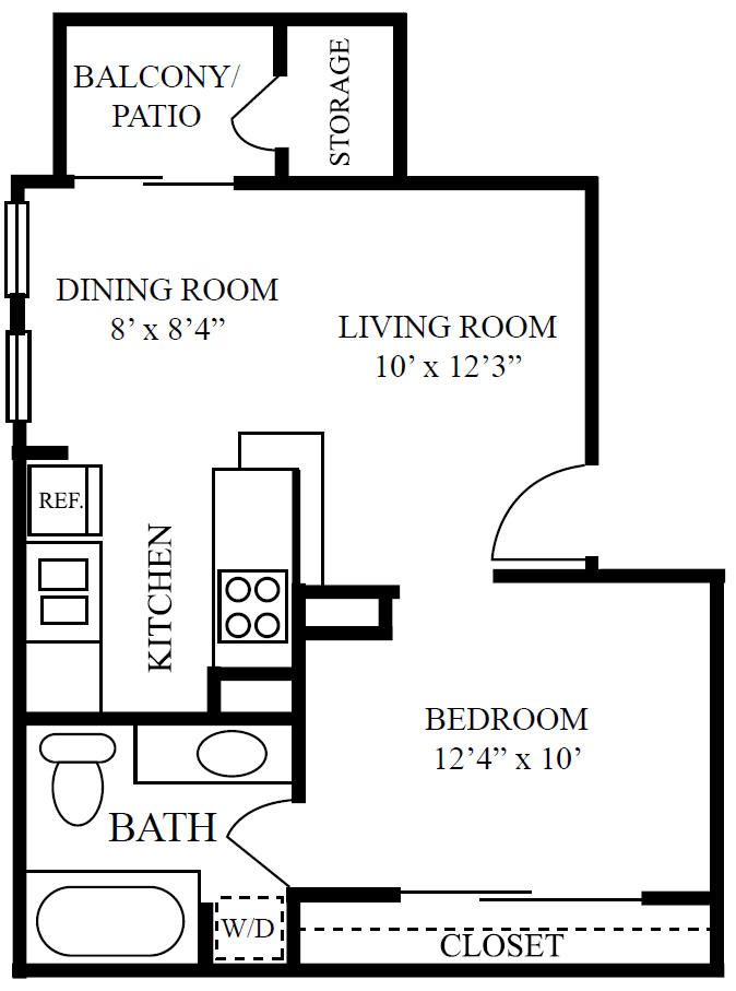 Floor plan for 1 bed, 1 bath, 513 sqft