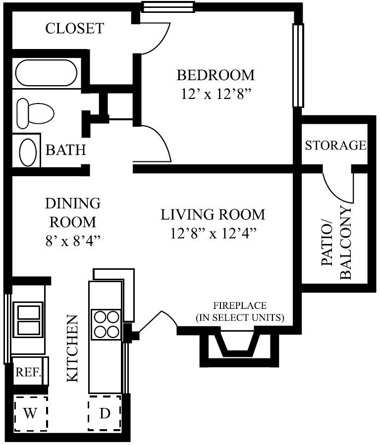 Floor plan for 1 bed, 1 bath, 607 sqft