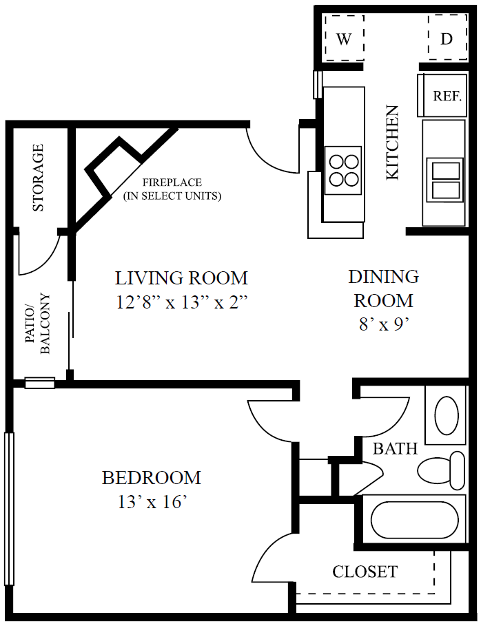 Floor plan for 1 bed, 1 bath, 699 sqft